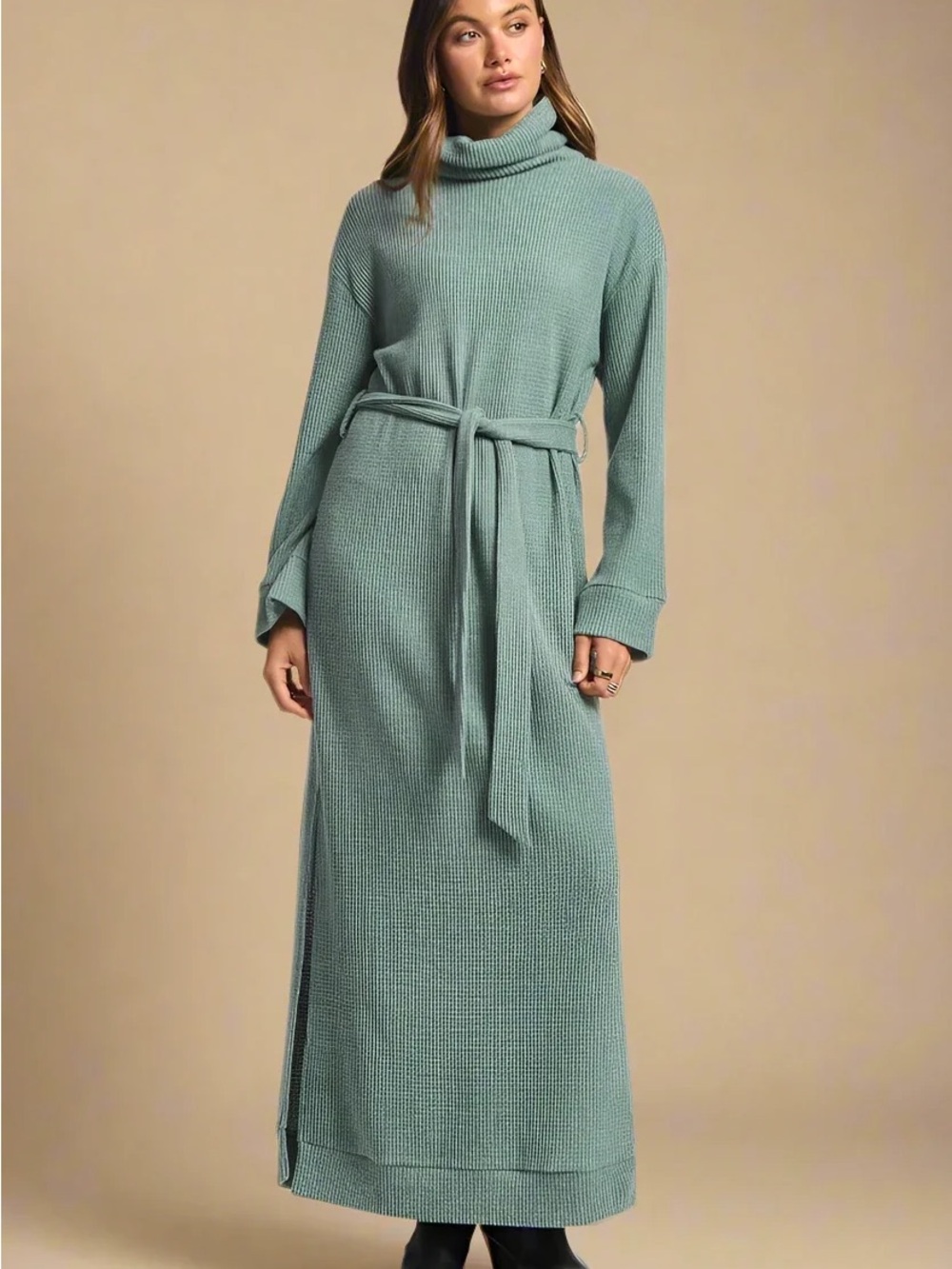 Dear Scarlett Cowl Neck Belted Waist Maxi Waffle Knit Sweater Dress Soft Teal XL